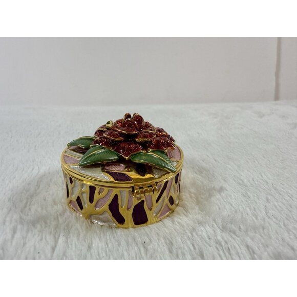 Red Peony Floral Jewelry Trinket Box Austrian Crystal Enamel Royal Gem Hinged - Picture 4 of 9